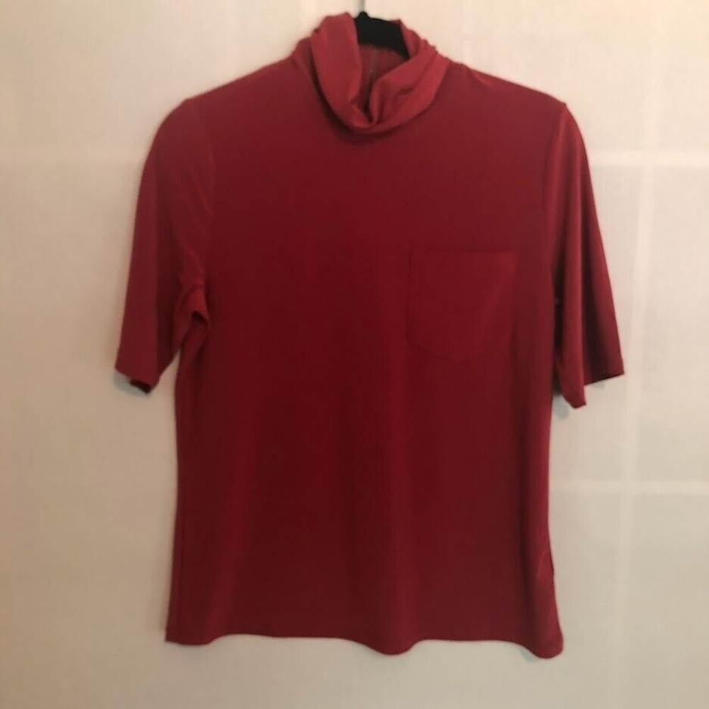 Jones New York Medium Red Stretch Short Sleeve Zip Back Mock Neck Blouse